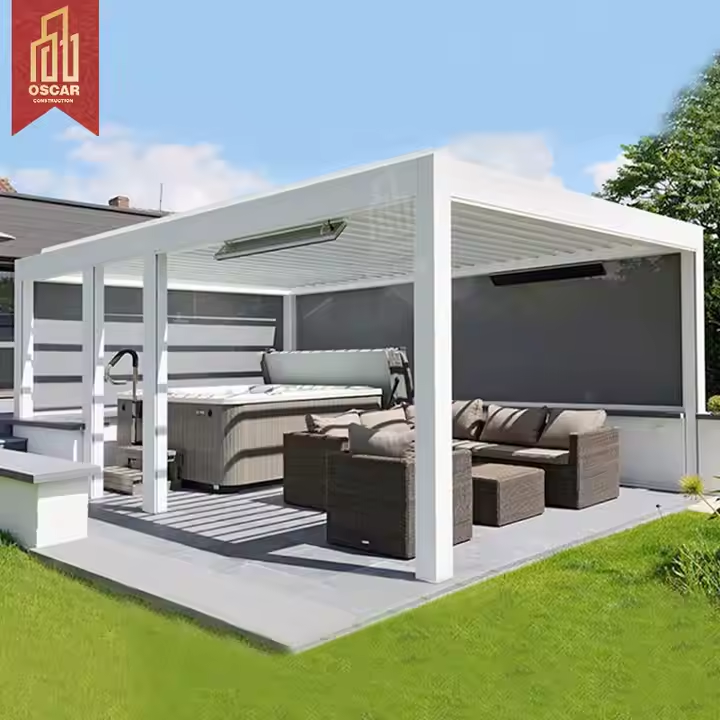 Modern white louvered pergola with hot tub and outdoor seating area
